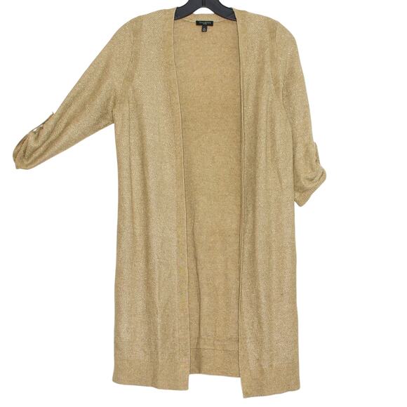 NEW Talbots Long Cardigan 3/4 Sleeve Linen Minimalist Boho Open Metallic Gold SP - Picture 5 of 5
